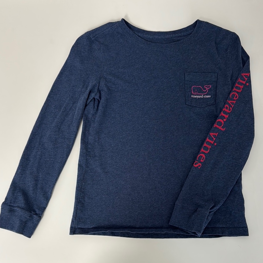 Vineyard Vines Blue Long Sleeve Tee with Pink/Red Detailing